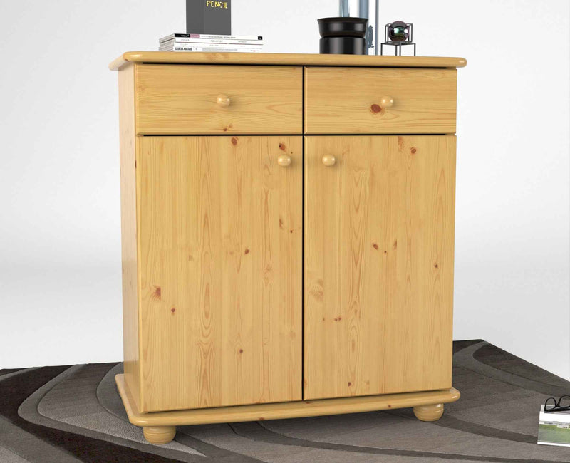Anika Kommode Bio Kiefer Massivholz | Sideboard mit 2 Schubladen, 2 Türen und 2 Regalfächern