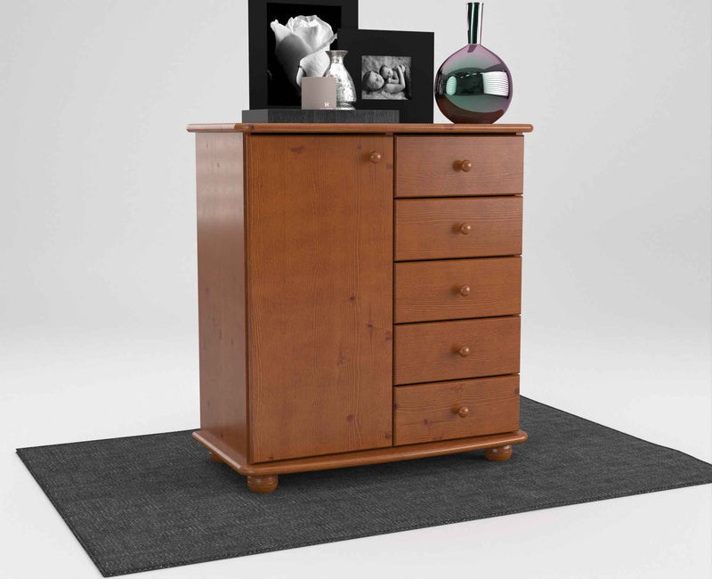 Anika Kommode Bio Kiefer Massivholz | Sideboard mit 5 Schubladen und 1 Tür
