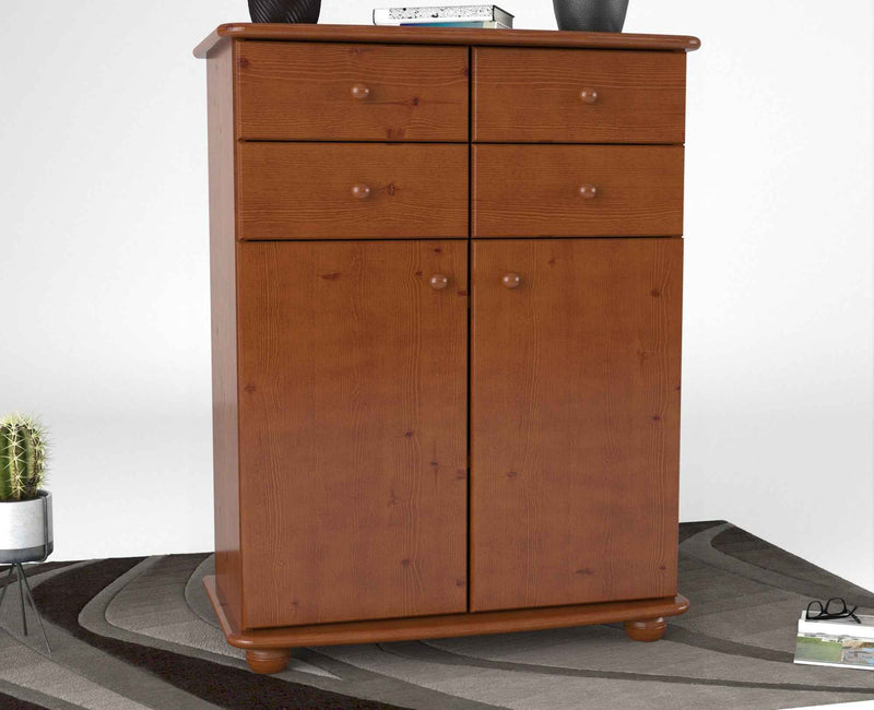 Anika Kommode Sideboard aus 100% Bio Kiefer Massivholz | 2-Türig | 4 Schubladen Anrichte