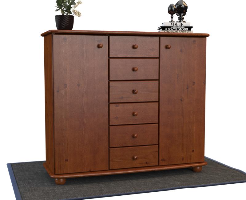 Anika Kommode Bio Kiefer Massivholz | 2-Türig Sideboard mit 6 Schubladen
