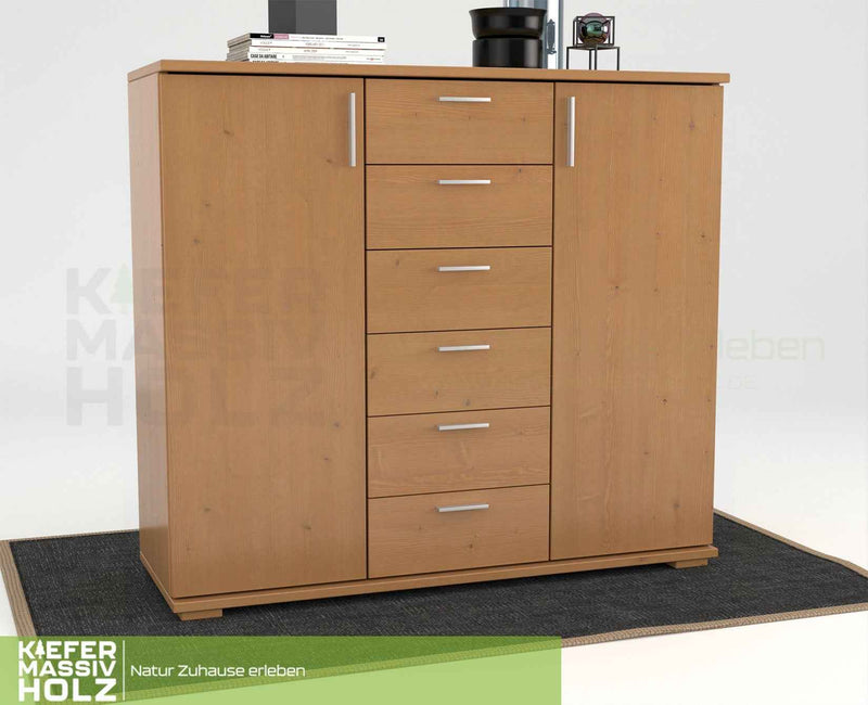 Nobis Kommode aus massivem Kiefernholz | Sideboard mit 2 Türen und 6 Schubladen | 107 cm hoch | 100% Bio Kiefer Massivholz