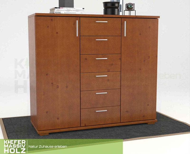 Nobis Kommode aus massivem Kiefernholz | Sideboard mit 2 Türen und 6 Schubladen | 107 cm hoch | 100% Bio Kiefer Massivholz