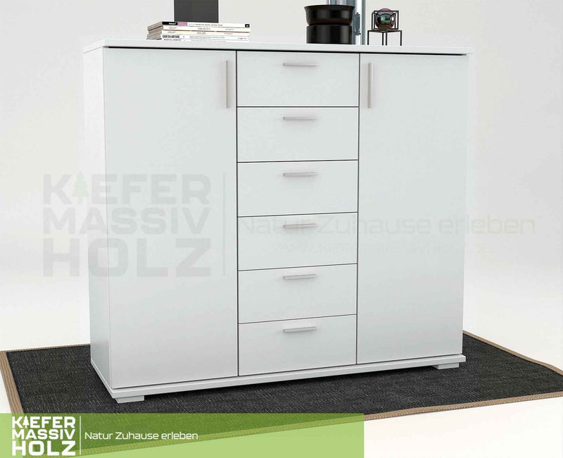 Nobis Kommode aus massivem Kiefernholz | Sideboard mit 2 Türen und 6 Schubladen | 107 cm hoch | 100% Bio Kiefer Massivholz