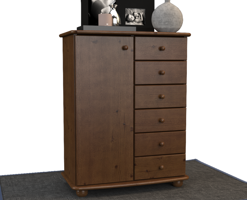 Anika Kommode 100% Bio Kiefer Massivholz | Sideboard mit 6 Schubladen und 1 Tür aus solidem Holz