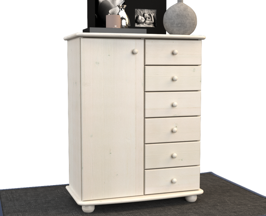 Anika Kommode 100% Bio Kiefer Massivholz | Sideboard mit 6 Schubladen und 1 Tür aus solidem Holz
