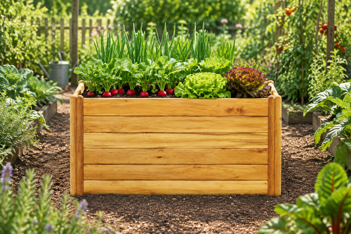 Hochbeet aus Robinienholz mit Pflanzen