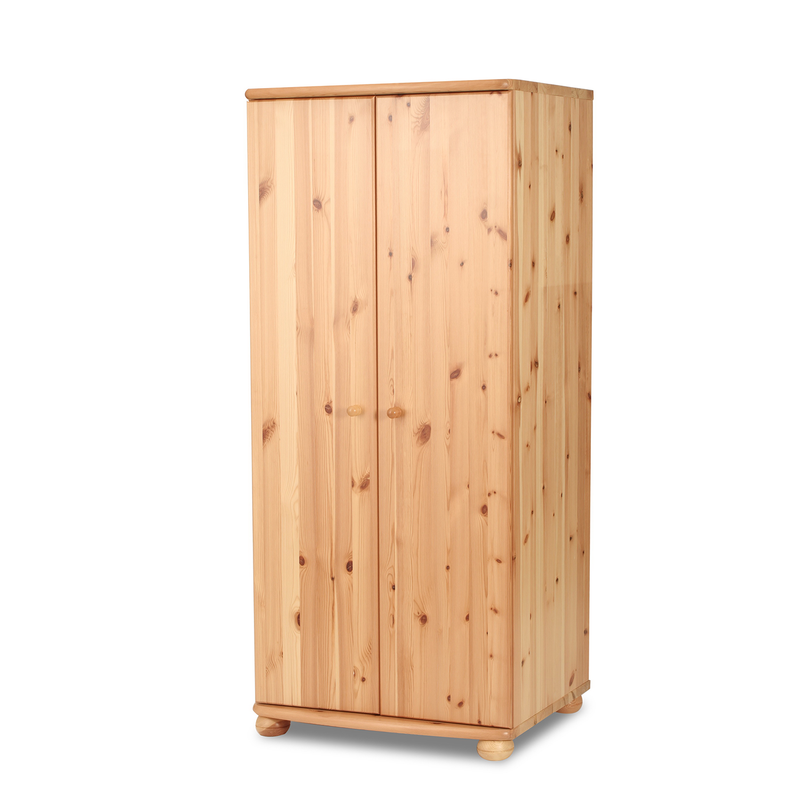 Claudia Kleiderschrank 100% Bio Kiefer | 2-Türig mit Kleiderstange und Regalfächer aus massivem Holz
