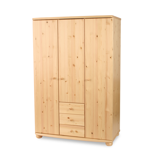 Claudia Hotel Kleiderschrank Bio Kiefer | 3 Türen | 3 Schubladen | Regalböden aus massivem Holz