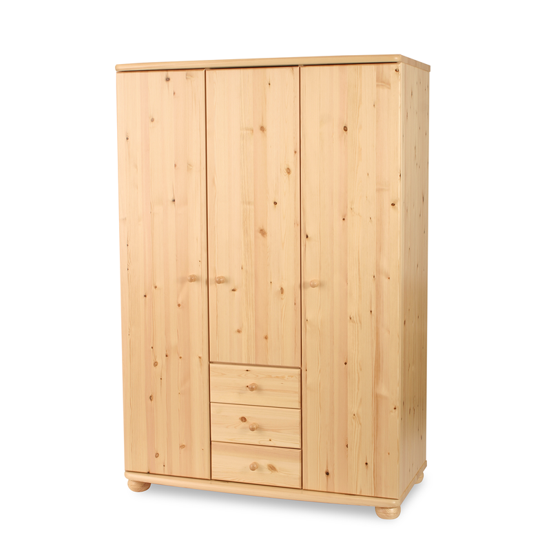 Claudia Hotel Kleiderschrank Bio Kiefer | 3 Türen | 3 Schubladen | Regalböden aus massivem Holz