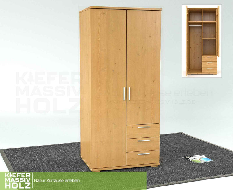 Nobis Kleiderschrank Bio Kiefer Massivholz | 2-türig mit Kleiderstange & 3 Schubladen