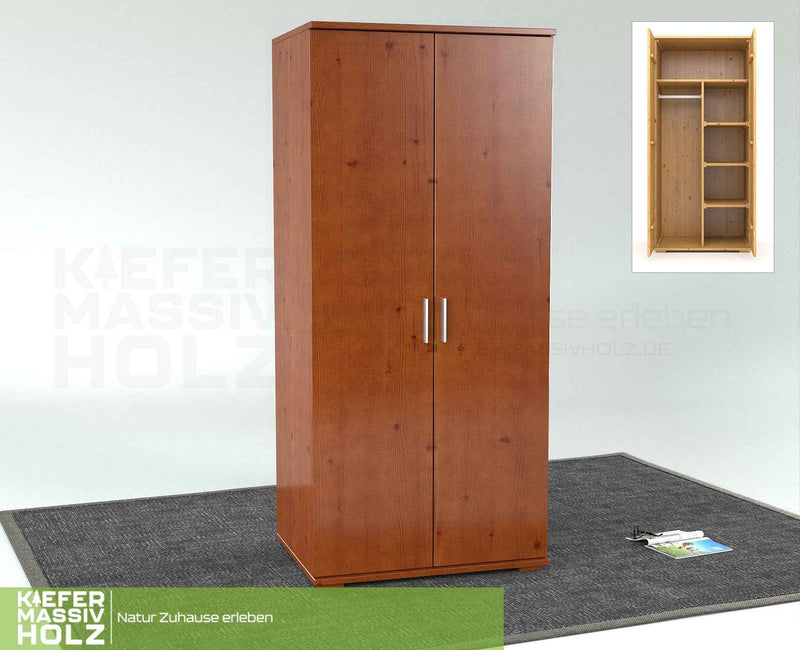 Nobis Kleiderschrank Bio Kiefer | 2-Türig mit Kleiderstange und Regalen aus 100% massivem Holz