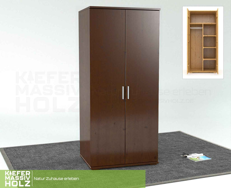 Nobis Kleiderschrank Bio Kiefer | 2-Türig mit Kleiderstange und Regalen aus 100% massivem Holz
