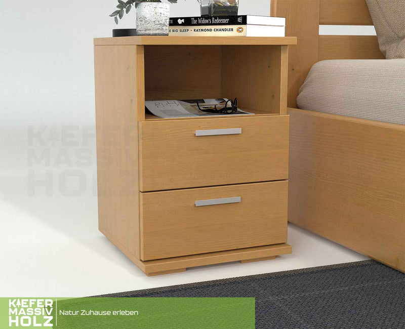 Nobis Nachttisch Kiefer massiv | 2-Schubladen Nachtschrank mit Regal | 100% Bio Kiefer