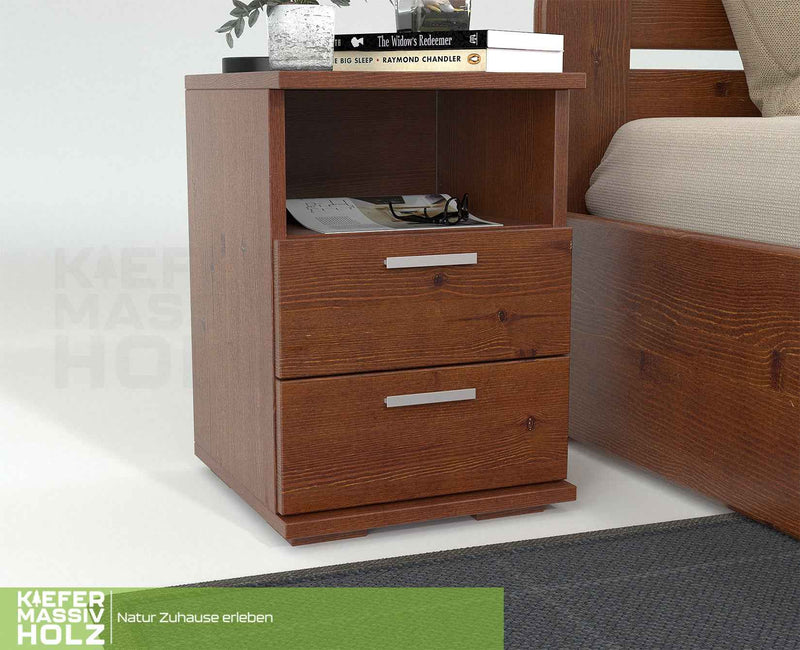Nobis Nachttisch Kiefer massiv | 2-Schubladen Nachtschrank mit Regal | 100% Bio Kiefer