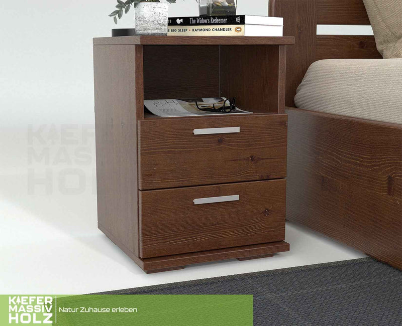 Nobis Nachttisch Kiefer massiv | 2-Schubladen Nachtschrank mit Regal | 100% Bio Kiefer
