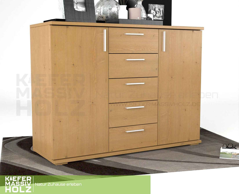 Nobis Kommode Bio Kiefer Massivholz 120-er | 5-Schubladen Sideboard | 2-Türig Anrichte