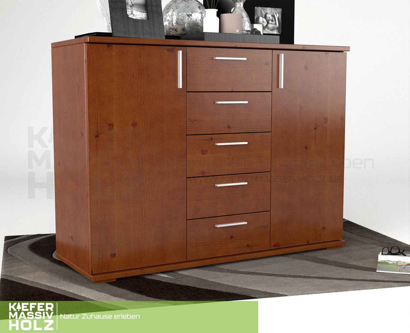 Nobis Kommode Bio Kiefer Massivholz 120-er | 5-Schubladen Sideboard | 2-Türig Anrichte