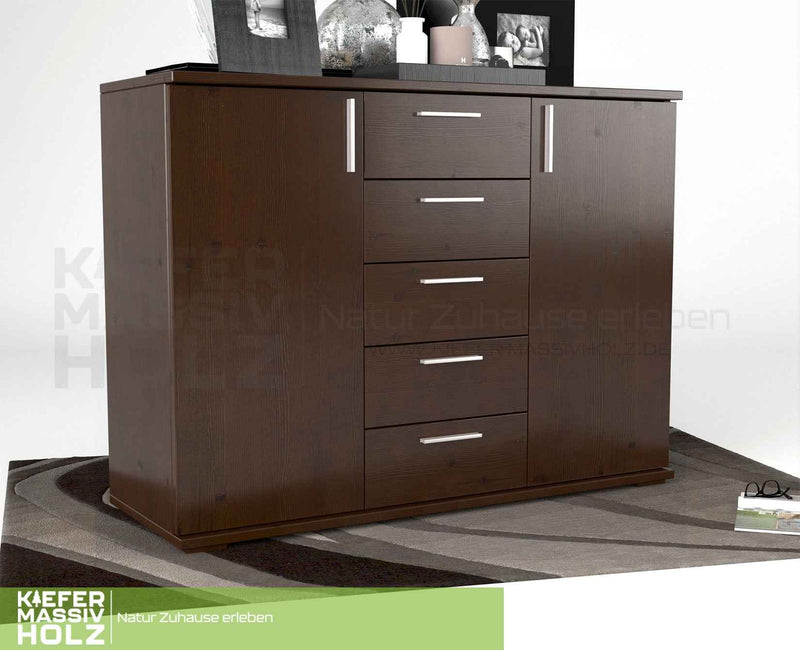 Nobis Kommode Bio Kiefer Massivholz 120-er | 5-Schubladen Sideboard | 2-Türig Anrichte