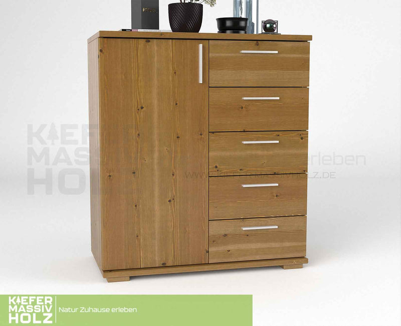 Nobis Kommode 90-er | Sideboard aus 100% Bio Kiefer Massivholz | 5-Schubladen, 1-Türig Anrichte