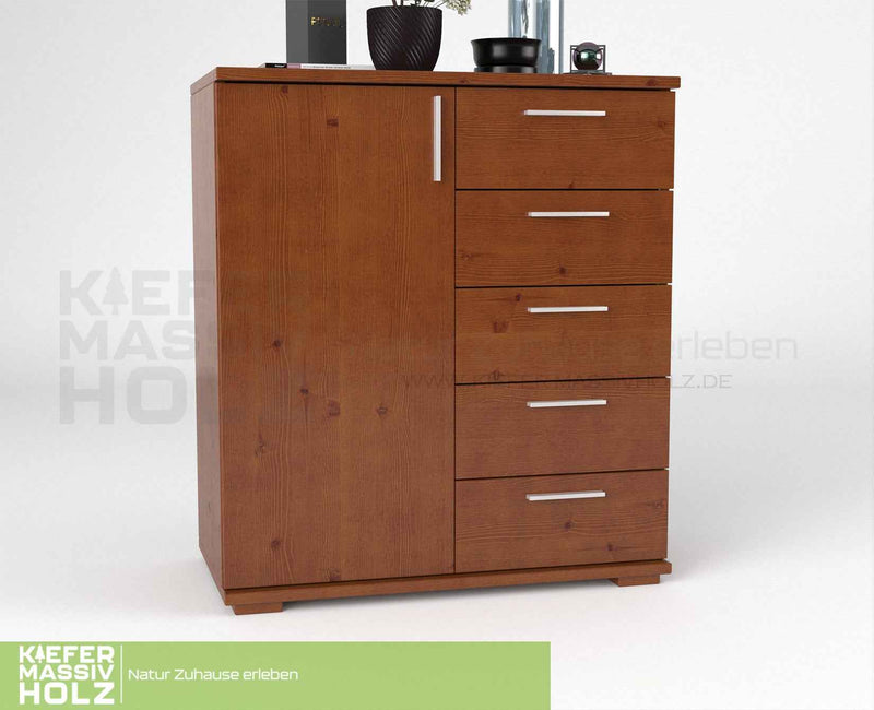 Nobis Kommode 90-er | Sideboard aus 100% Bio Kiefer Massivholz | 5-Schubladen, 1-Türig Anrichte