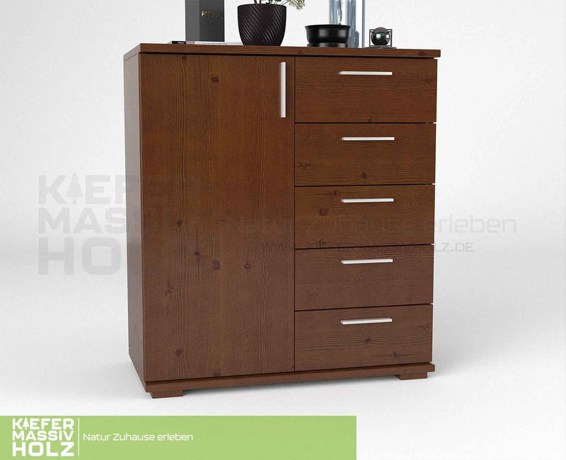 Nobis Kommode 90-er | Sideboard aus 100% Bio Kiefer Massivholz | 5-Schubladen, 1-Türig Anrichte
