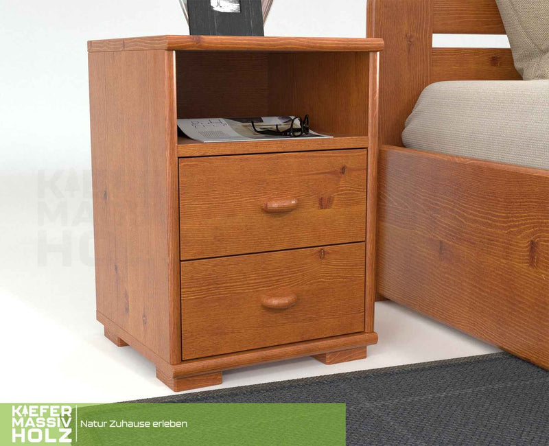 Vanessa Kiefer Massivholz Nachttisch Kiefer mit 2 Schubladen und 1 Regal aus 100% Bio Kiefer