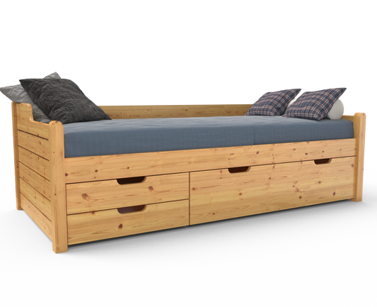 Einzelbett 90x200cm Bio-Kiefer Massivholz mit 3 Schubladen als Gästebett
