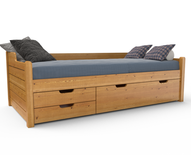 Einzelbett 90x200cm Bio-Kiefer Massivholz mit 3 Schubladen als Gästebett